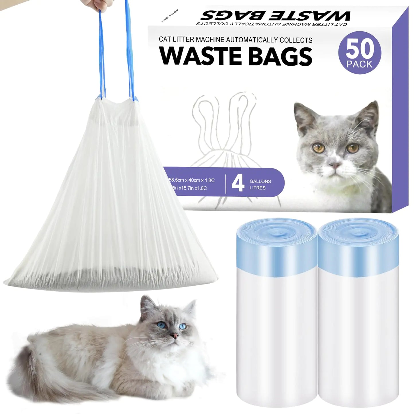 50 PCS Self Cleaning Cat Litter Box,Drawstring Cat Litter Box Liners,Scoop Free Automatic Cat Litter Box Extra Large Litter Box measures 23" x 15.7"