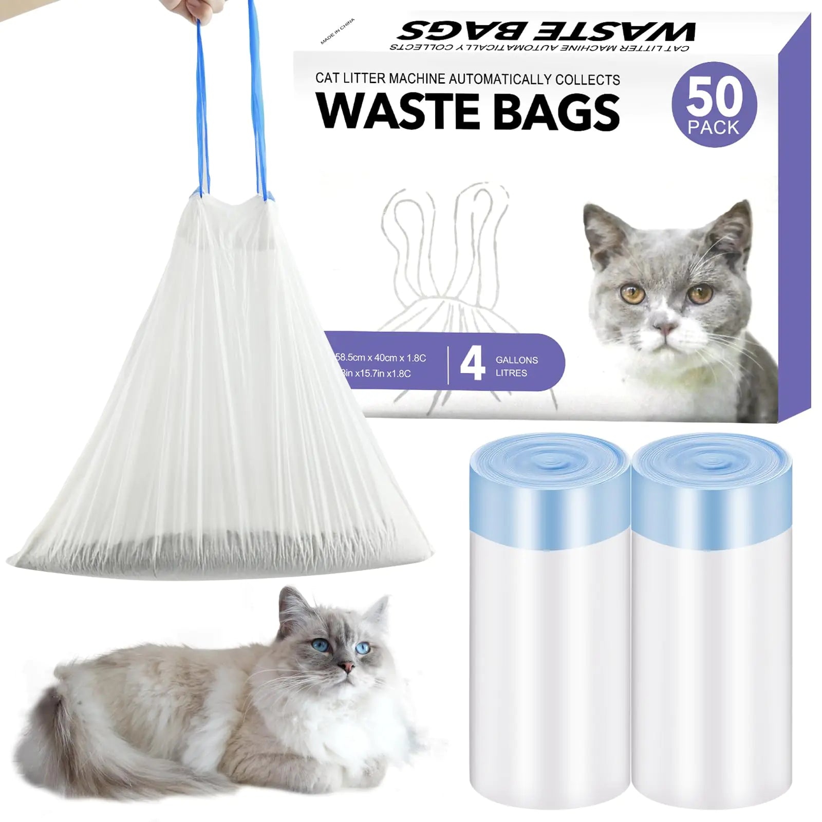 50 PCS Self Cleaning Cat Litter Box,Drawstring Cat Litter Box Liners,Scoop Free Automatic Cat Litter Box Extra Large Litter Box measures 23" x 15.7"