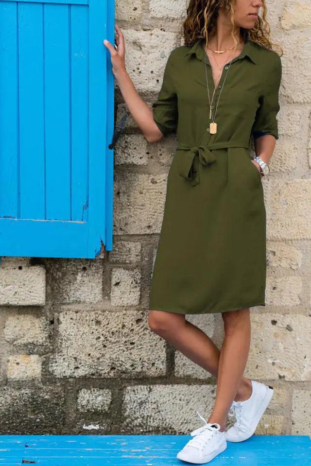 Autumn Winter New 3/4 Sleeve Shirt Dress with Ties