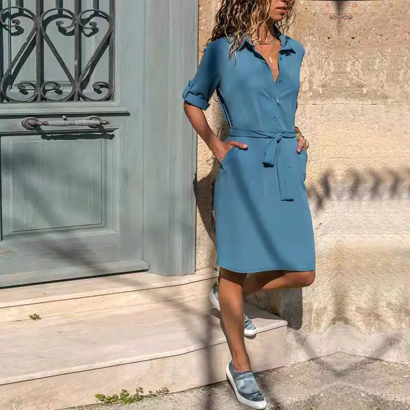 Autumn Winter New 3/4 Sleeve Shirt Dress with Ties