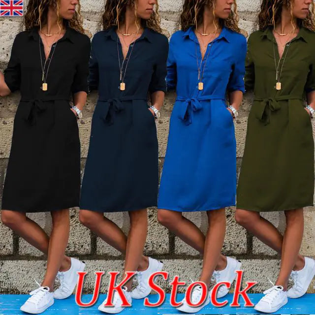 Autumn Winter New 3/4 Sleeve Shirt Dress with Ties