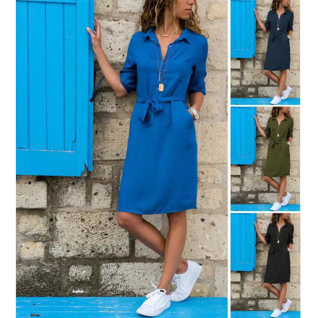 Autumn Winter New 3/4 Sleeve Shirt Dress with Ties