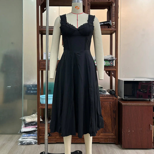 V-neck Lace Up Waist Trimming Midi Skirt