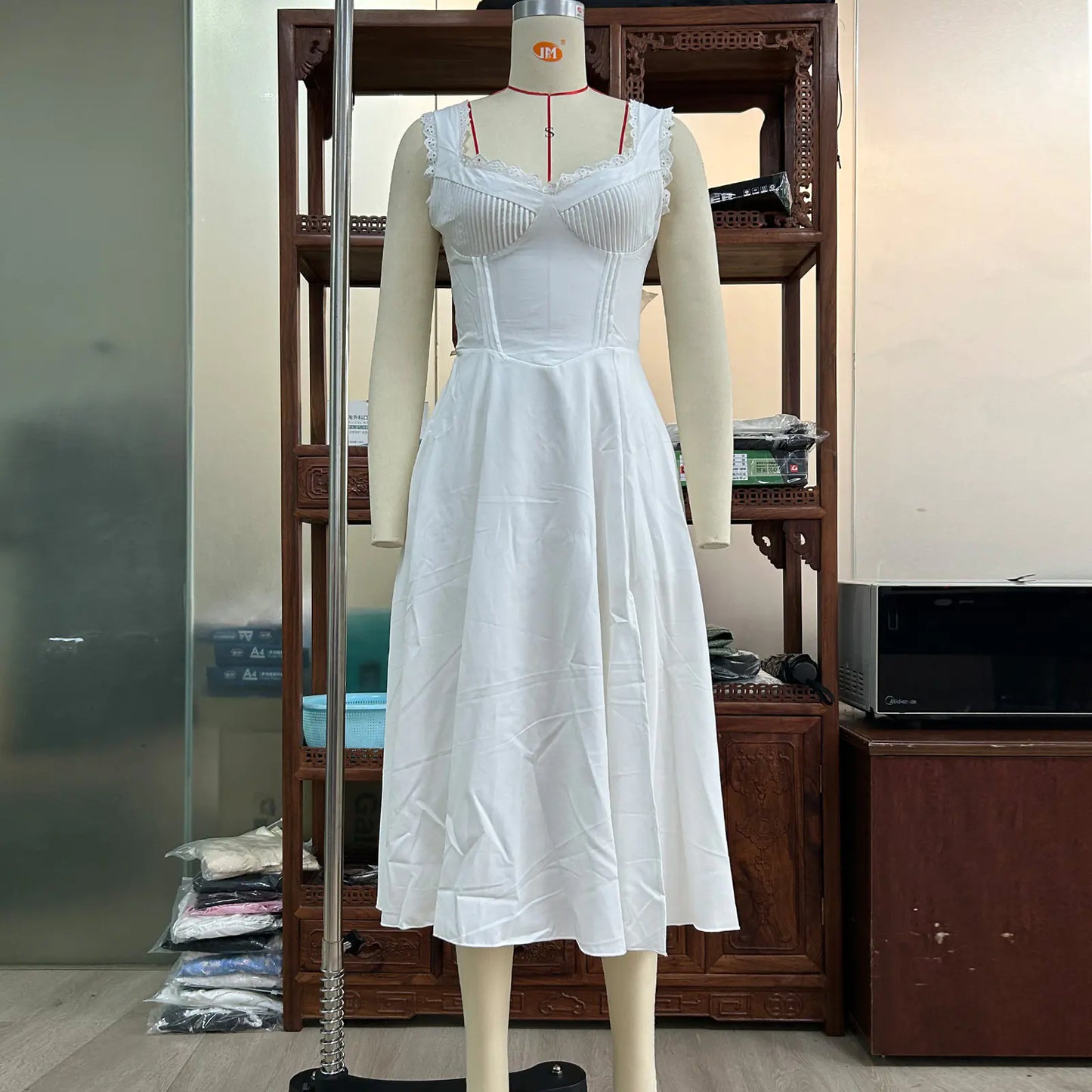 V-neck Lace Up Waist Trimming Midi Skirt