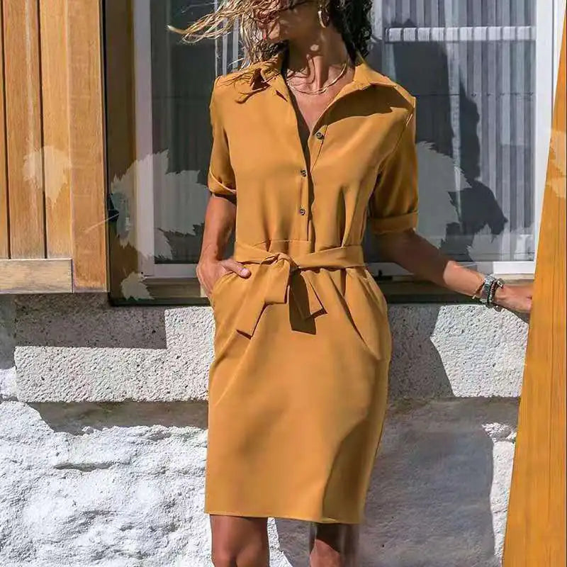 Autumn Winter New 3/4 Sleeve Shirt Dress with Ties