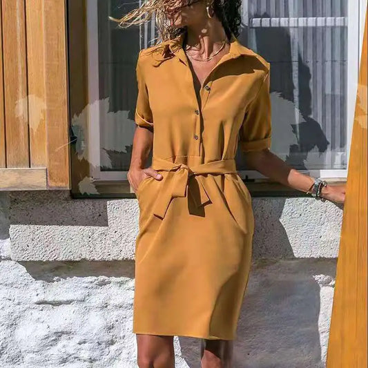 Autumn Winter New 3/4 Sleeve Shirt Dress with Ties