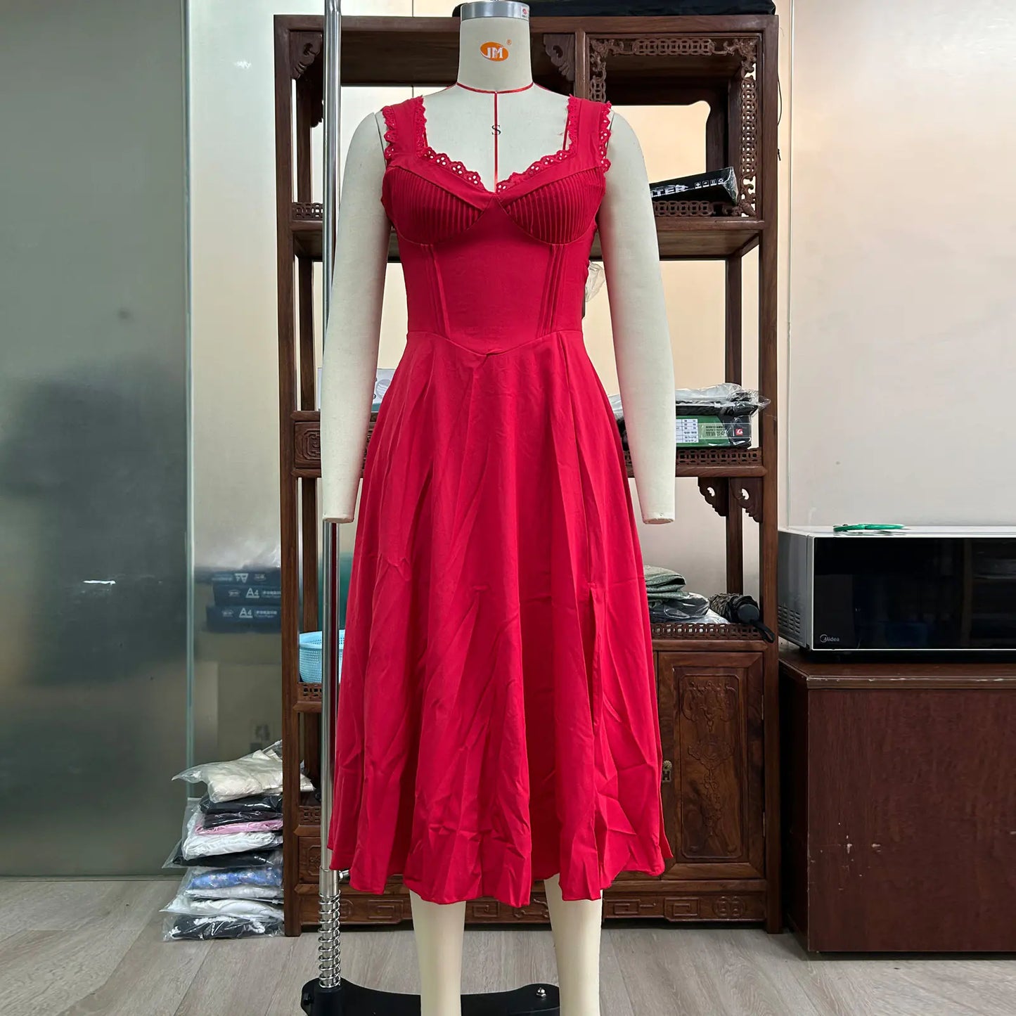 V-neck Lace Up Waist Trimming Midi Skirt