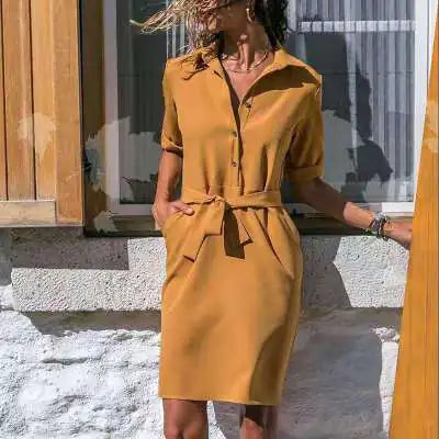 Autumn Winter New 3/4 Sleeve Shirt Dress with Ties