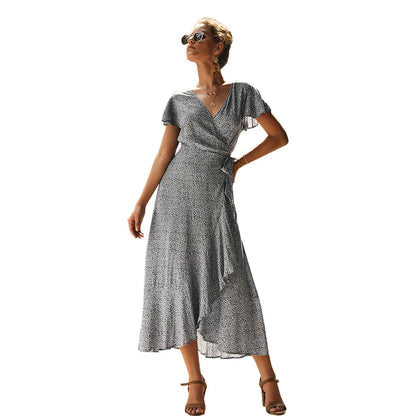 Summer Floral Print Dress with V-Neck and Asymmetrical Hem